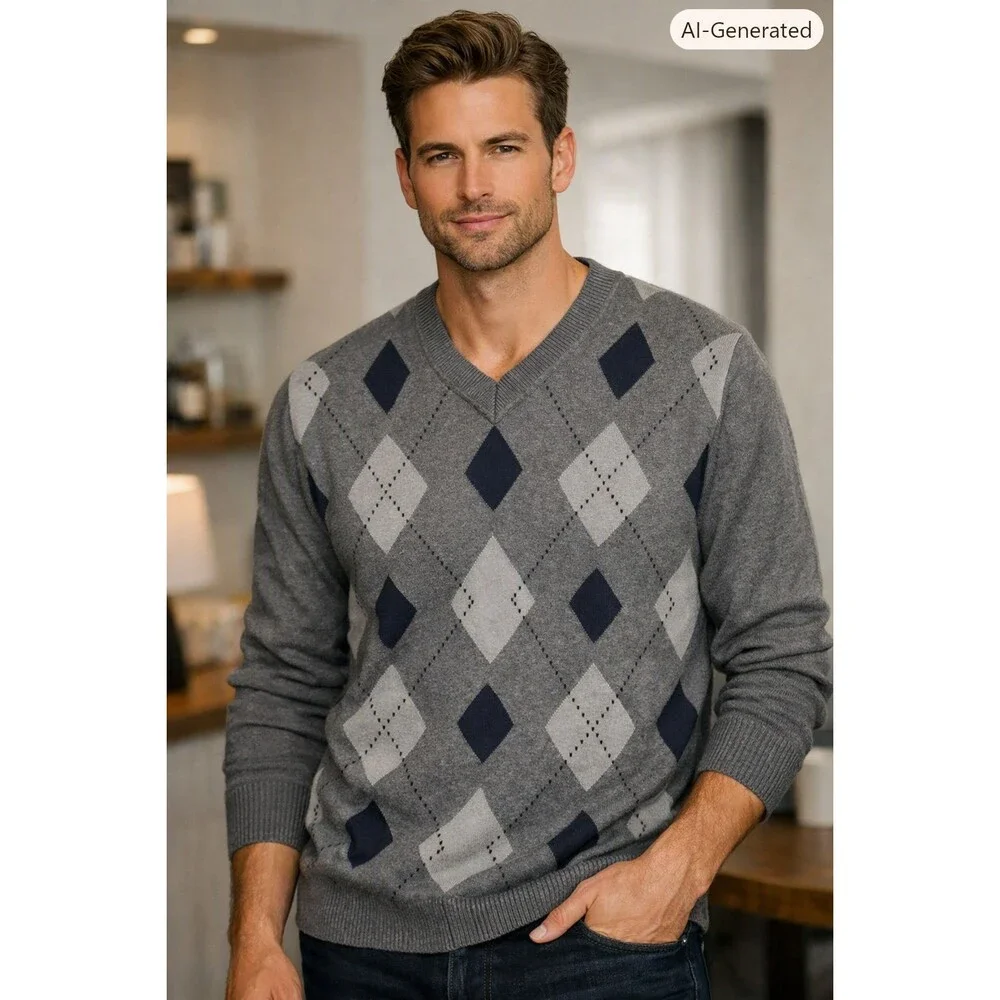 Claiborne Mens XL Gray Argyle V Neck Sweater Cotton Blend Long Sleeve Classic
